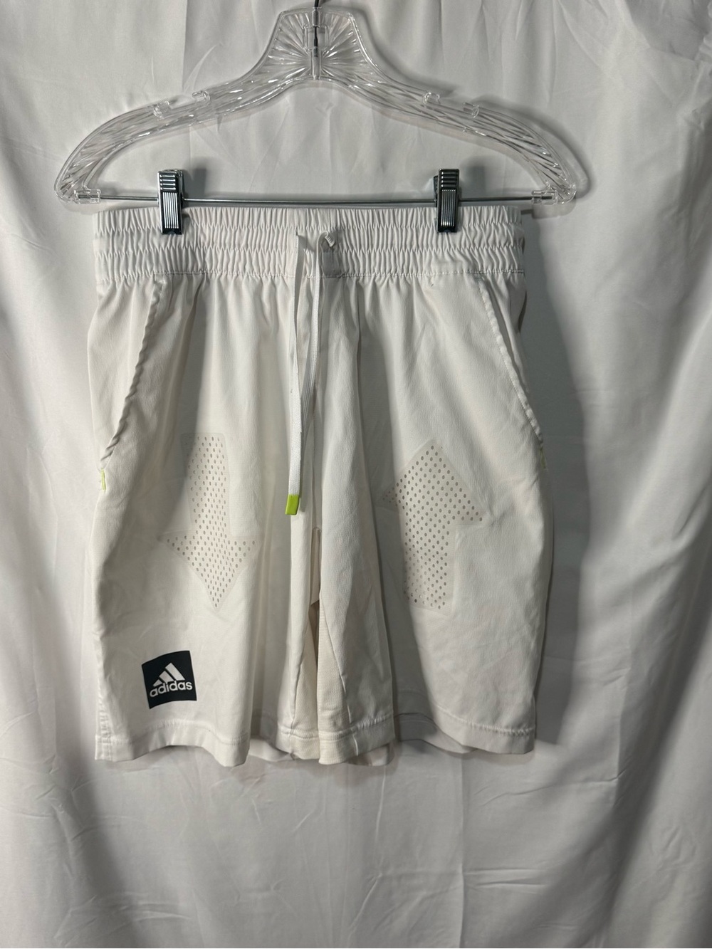 adidas Men’s White Athletic Drawstring Shorts with Subtle Neon Accents